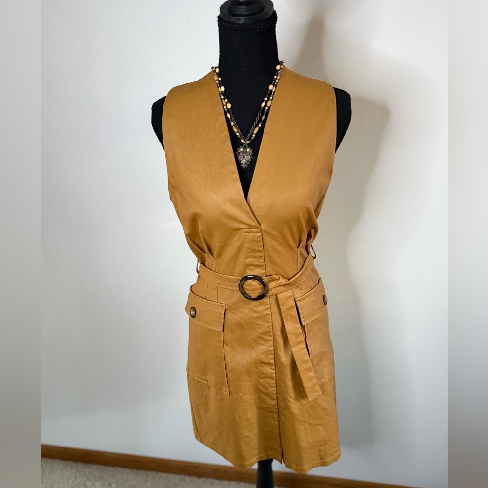 Rinna Bruni Faux Leather Utility Mini Dress Camel Belted Size L